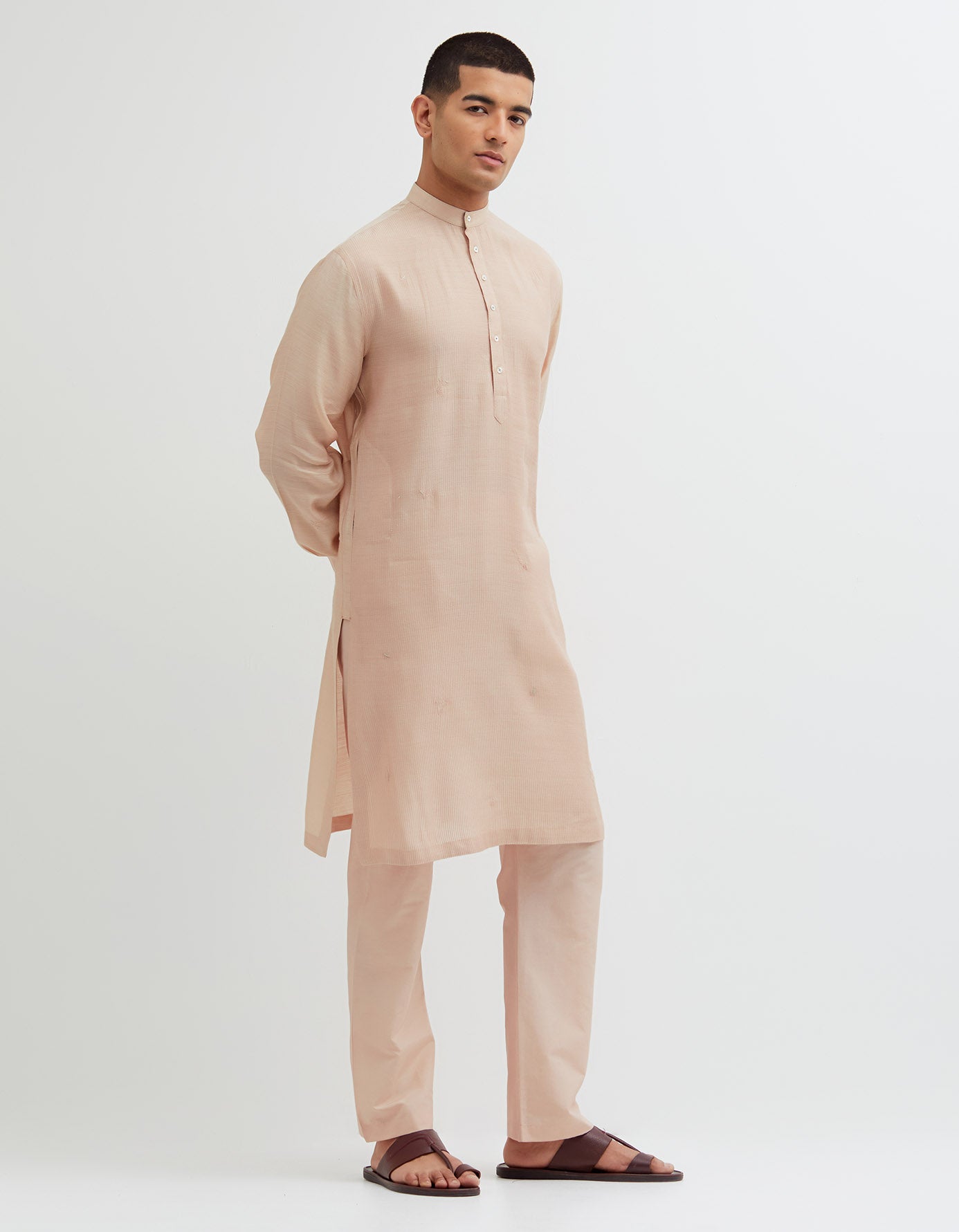 Sd Roshan Bade Miyan Kurta Mb Leaf Thin Muga Satin Misty Rose