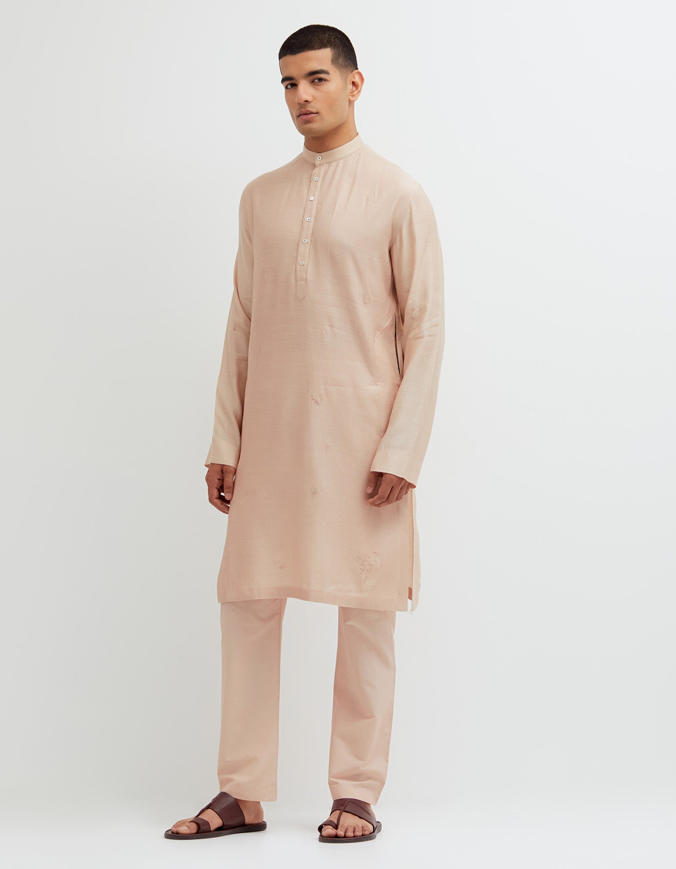 Sd Roshan Bade Miyan Kurta Mb Leaf Thin Muga Satin Misty Rose