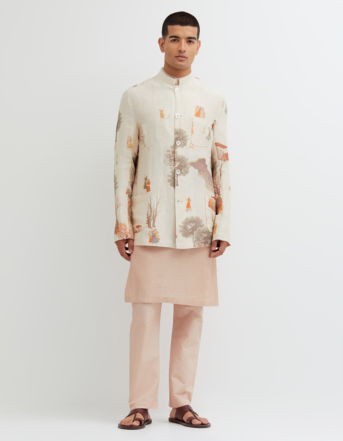 Sd Roshan Bade Miyan Kurta Mb Leaf Thin Muga Satin Misty Rose