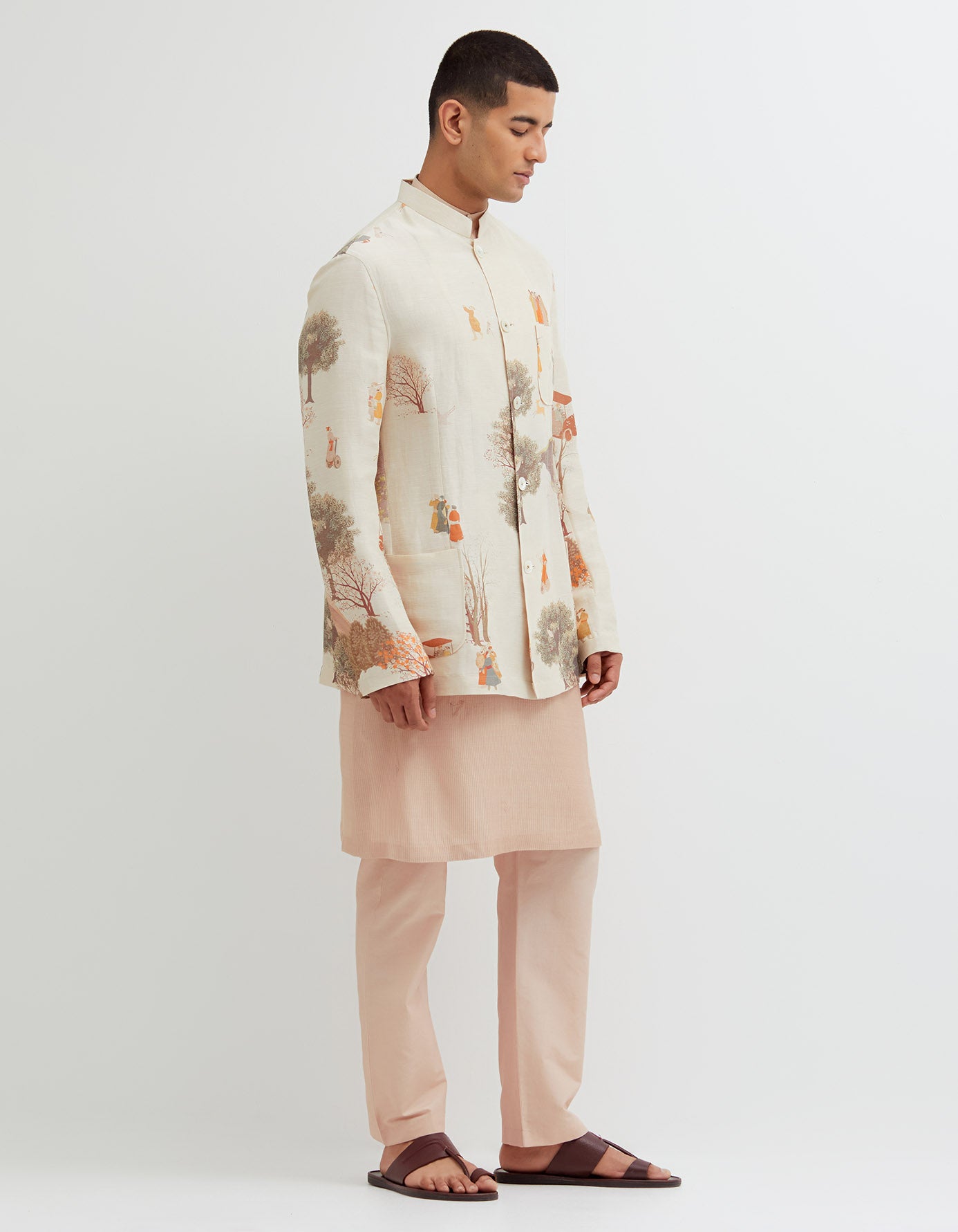 SD Golfer Bandhgala Satin Linen Warm Ivory