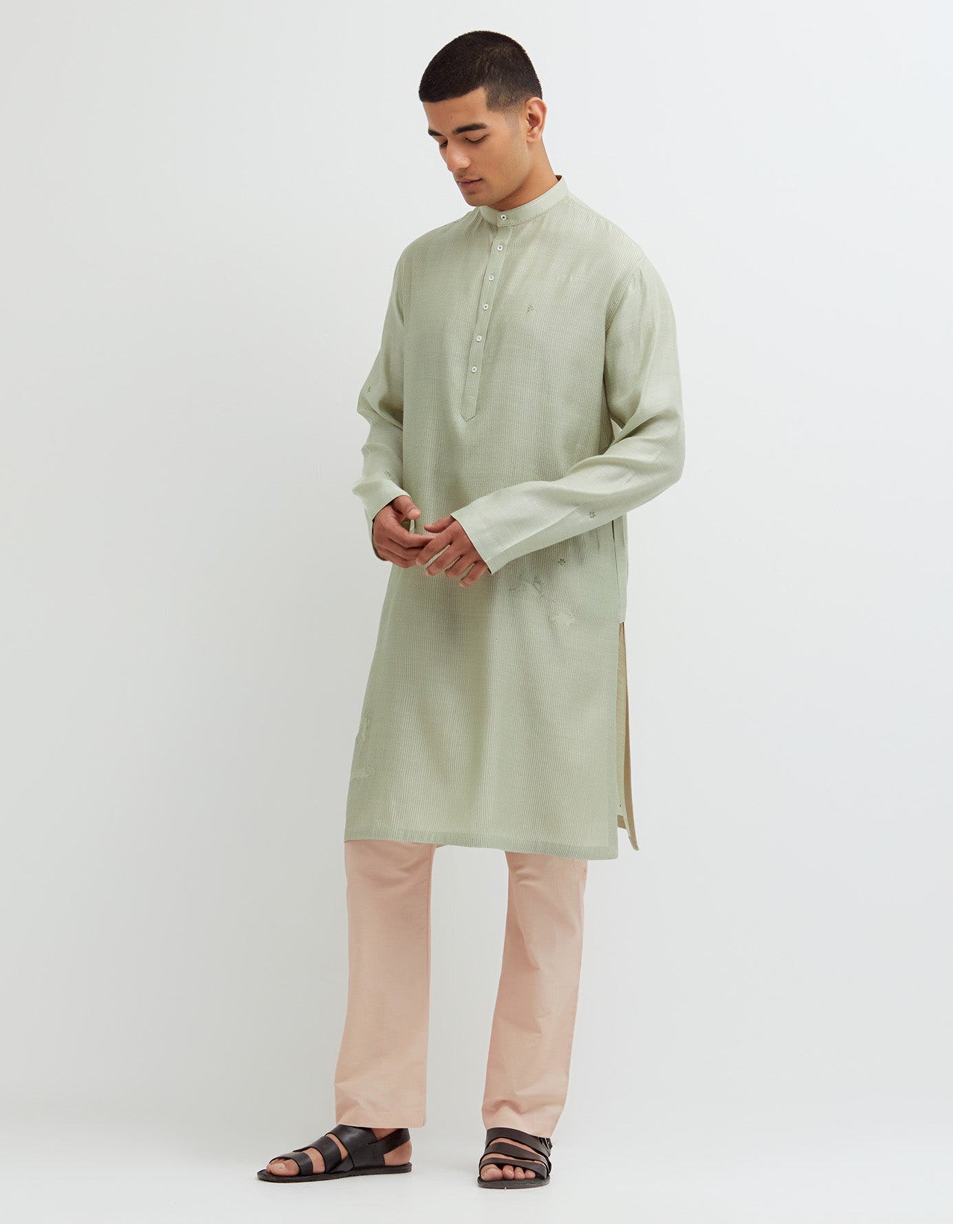 SD Roshan Bade Miyan Kurta MB Ocean Thin Muga Satin Pistachio Sorbet