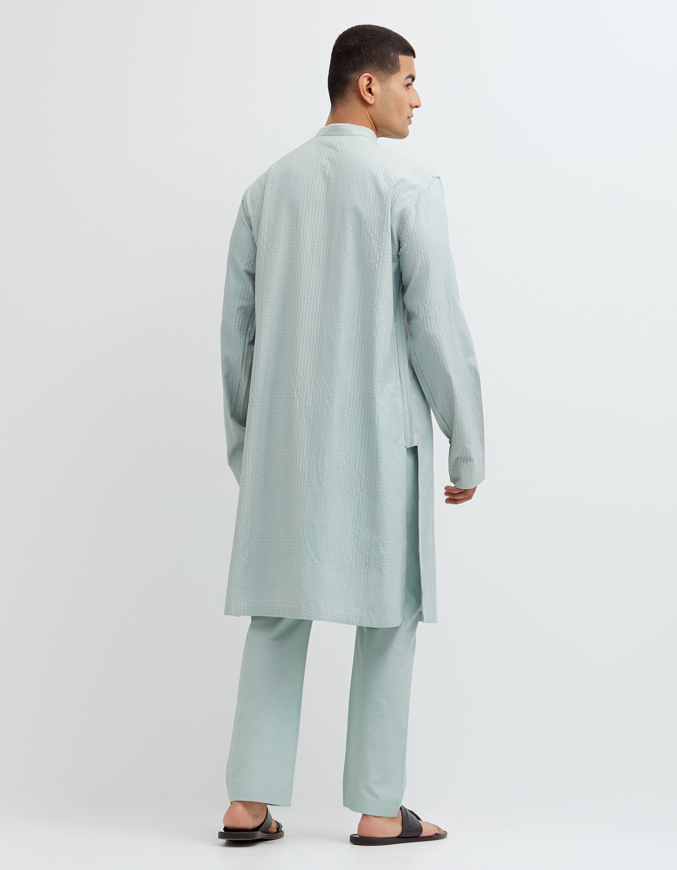 SD Raw Edge Bade Miyan Kurta Cotton Silk Check Winter Sky