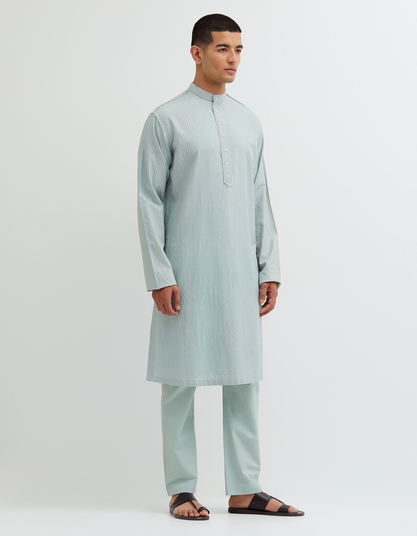 SD Raw Edge Bade Miyan Kurta Cotton Silk Check Winter Sky