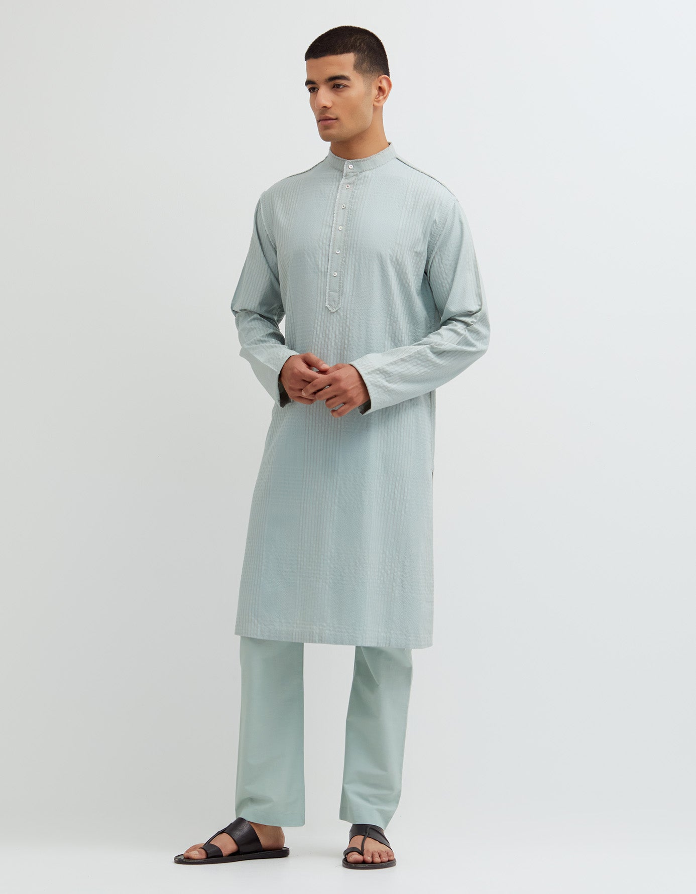 SD Raw Edge Bade Miyan Kurta Cotton Silk Check Winter Sky