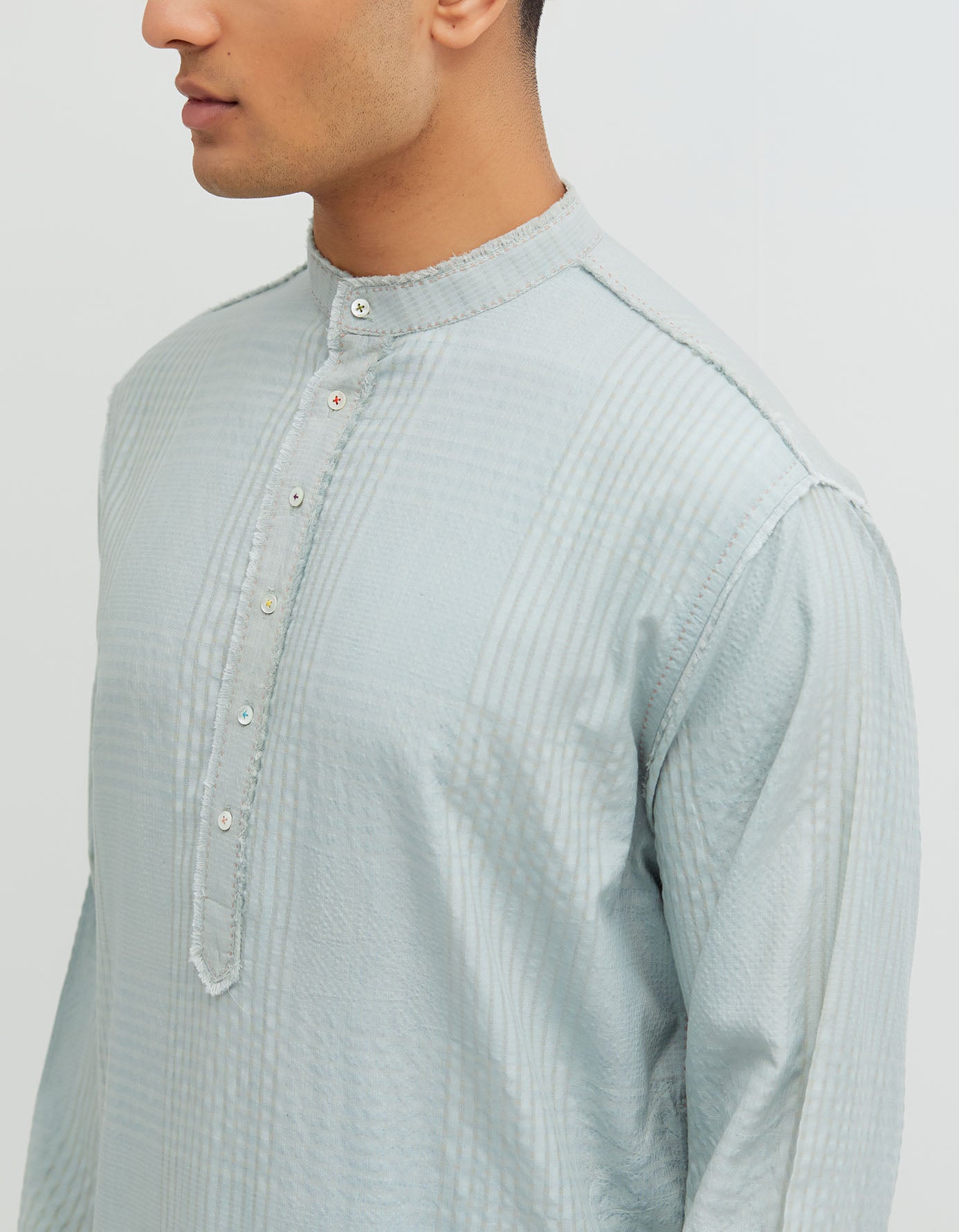 SD Raw Edge Bade Miyan Kurta Cotton Silk Check Winter Sky