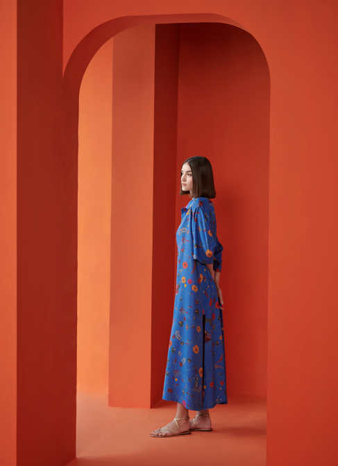 Kasturi Shirt Dress Muga Satin Cobalt