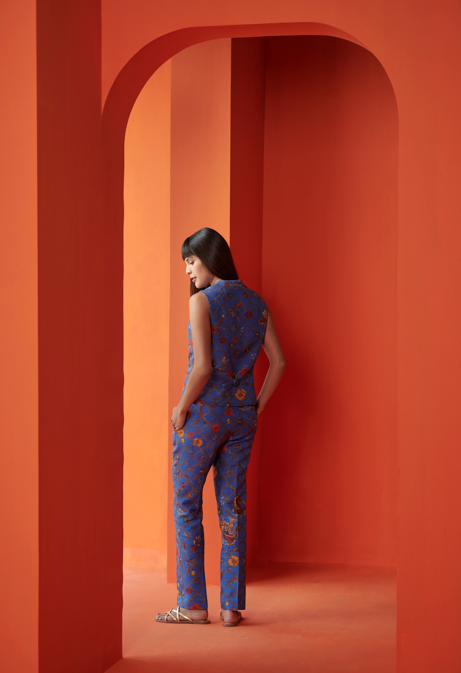 Thakur Vest Silk Brocade Cobalt