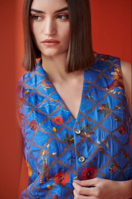 Thakur Vest Silk Brocade Cobalt