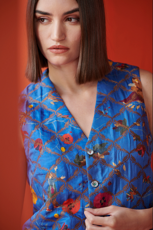 Thakur Vest Silk Brocade Cobalt