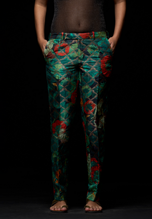 Boot Cut Trouser Silk Brocade Emerald