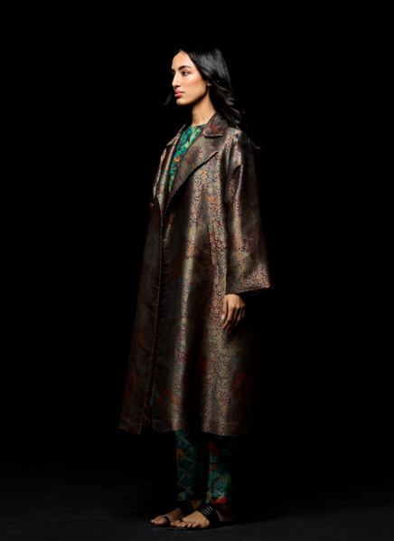 Long Coat Silk Brocade Emerald