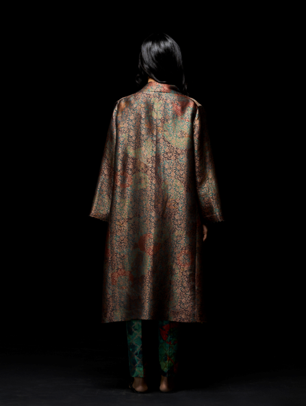 Long Coat Silk Brocade Emerald