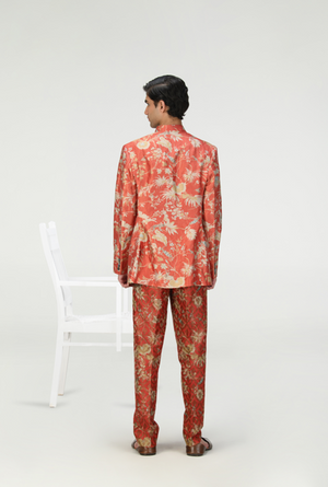 Bandhgala Silk Brocade Zig Zag Red