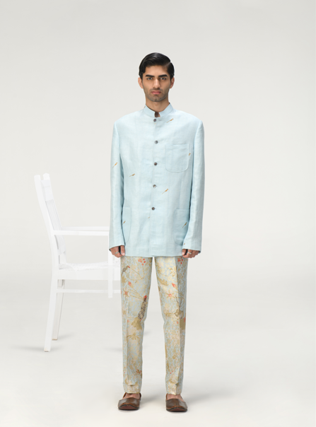 Bandhgala Ice Blue Satin Linen