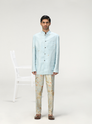 Bandhgala Ice Blue Satin Linen