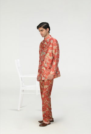 Bandhgala Silk Brocade Zig Zag Red