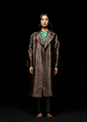 Long Coat Silk Brocade Emerald