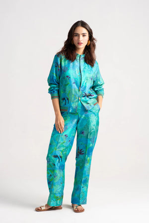 Azad Trousers Silk Damask Aqua