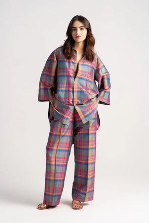 Tara Shirt Silk Dupion Check Grapefruit