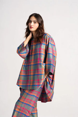 Tara Shirt Silk Dupion Check Grapefruit