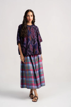 Bulbul Top Cotton Ikat Navy-Wine