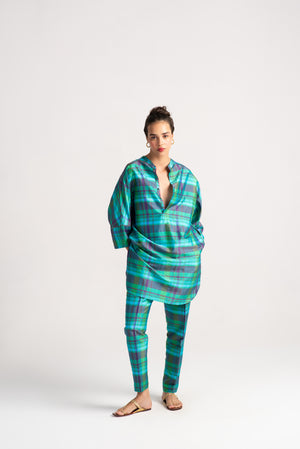 Chandrika Trousers Silk Dupion Check Aqua