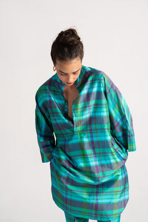 Chandrika Trousers Silk Dupion Check Aqua