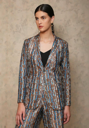 Rana Blazer Silk Brocade Turquoise Stripe