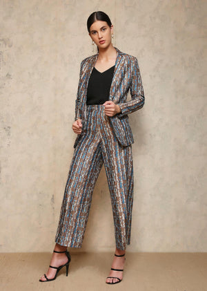 Leap High Waisted Azad Trouser Turquoise Stripe Silk Brocade