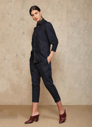 Puff Sleeve Shirt Linen Navy