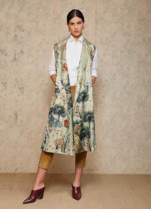 Long Coat Without Sleeves Silk Damask Monsoon Cloud