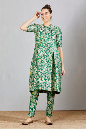 Sd Box Pleat Dress, Silk Brocade, Green Forest Blossom