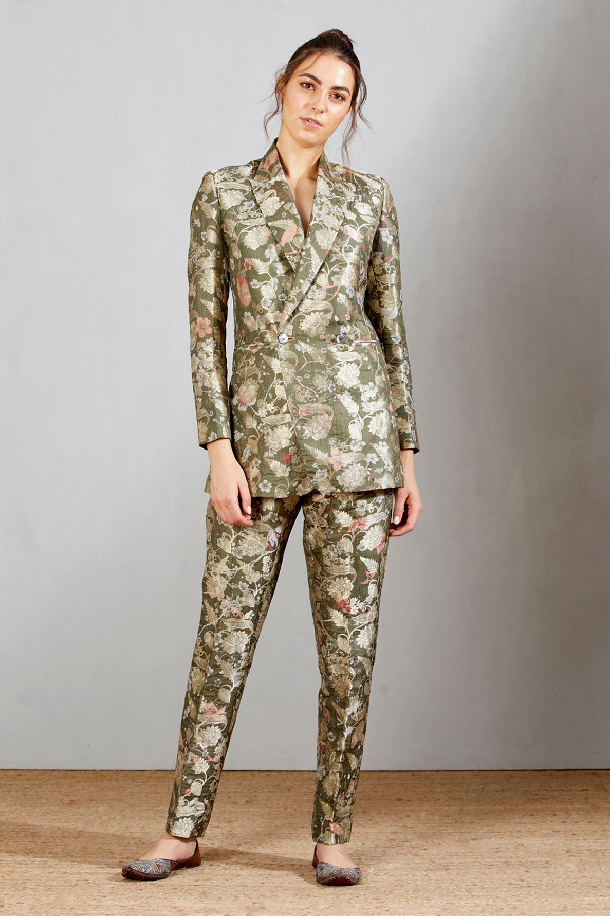 Boot Cut Trouser Silk Brocade Grey