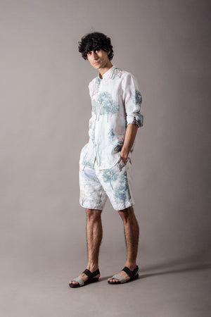 Shorts Linen White Cherry Blossom