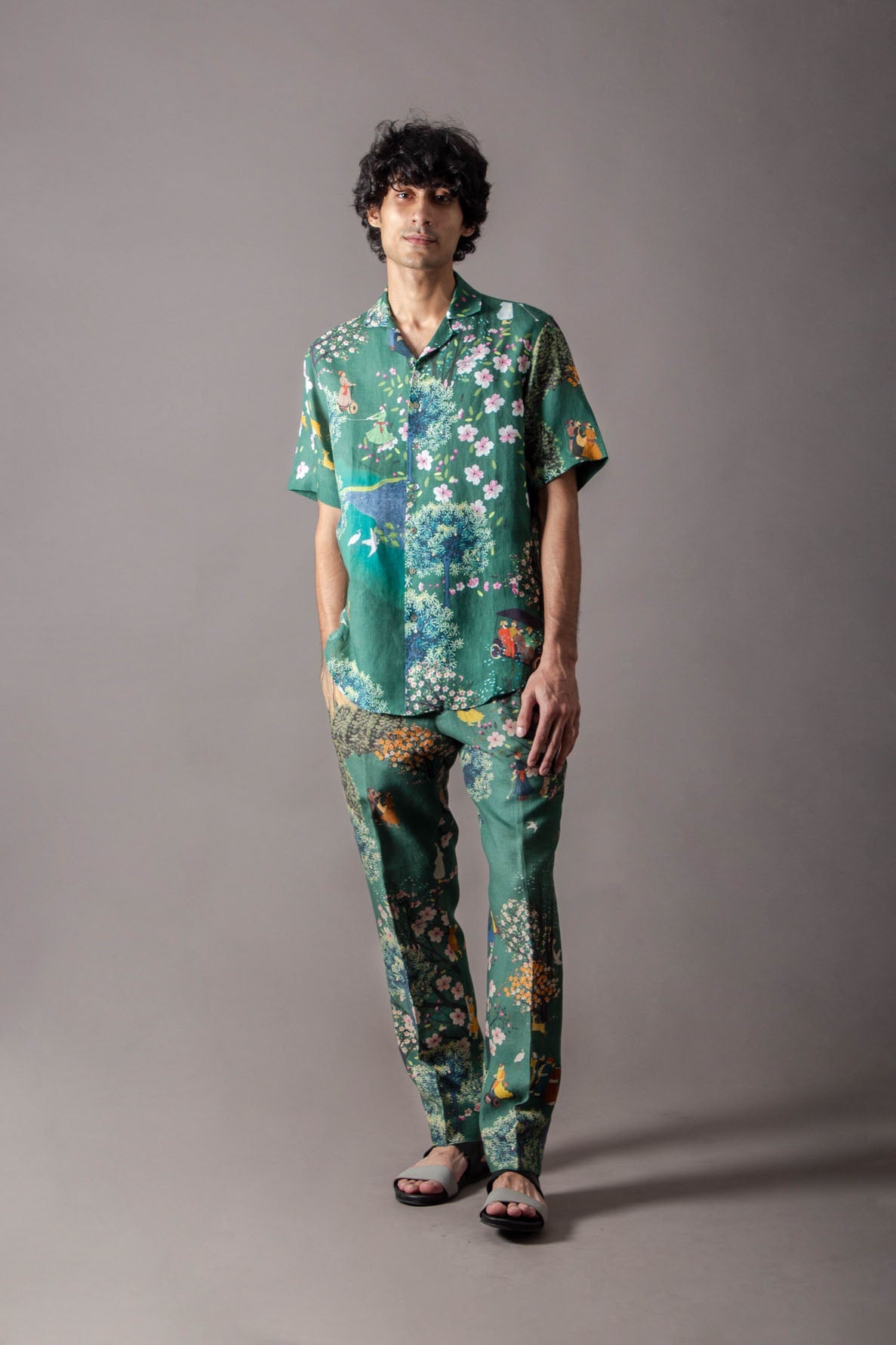 Green Cherry Blossom Classic Trouser In Linen