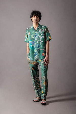 Green Cherry Blossom Classic Trouser In Linen