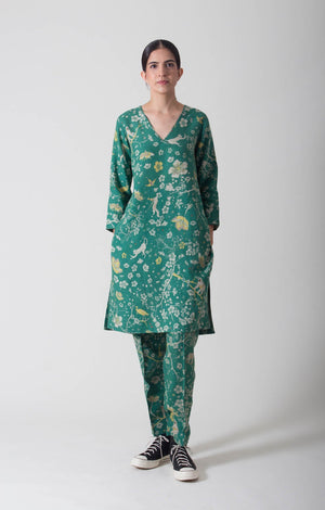 Green Forest Blossom V Neck Kurta in Linen