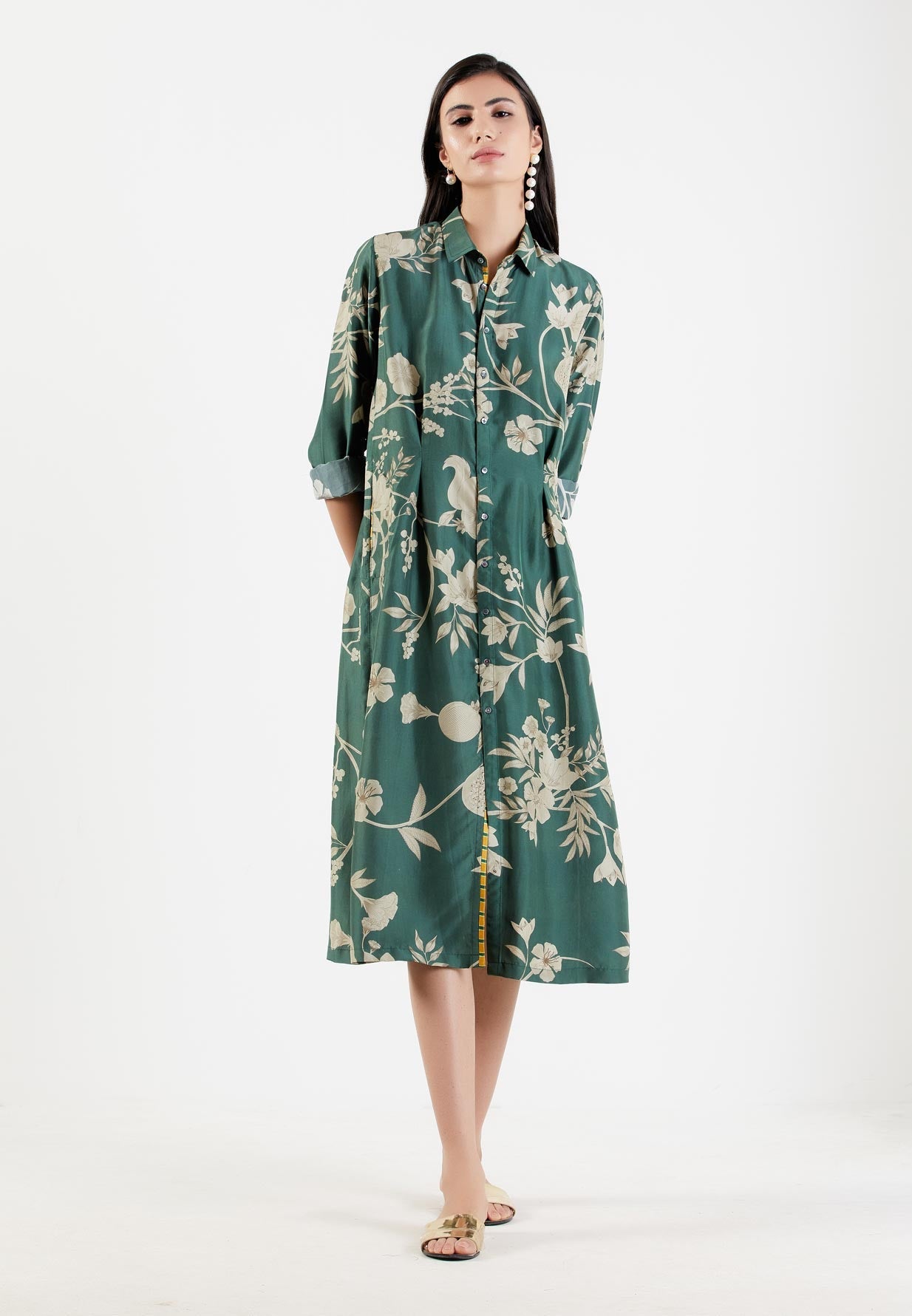 Pleated Dress Silk Twill Forest