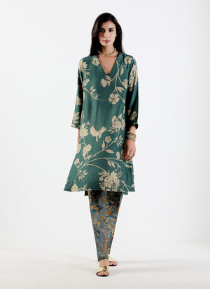 V Neck Kurta Muga Satin Forest