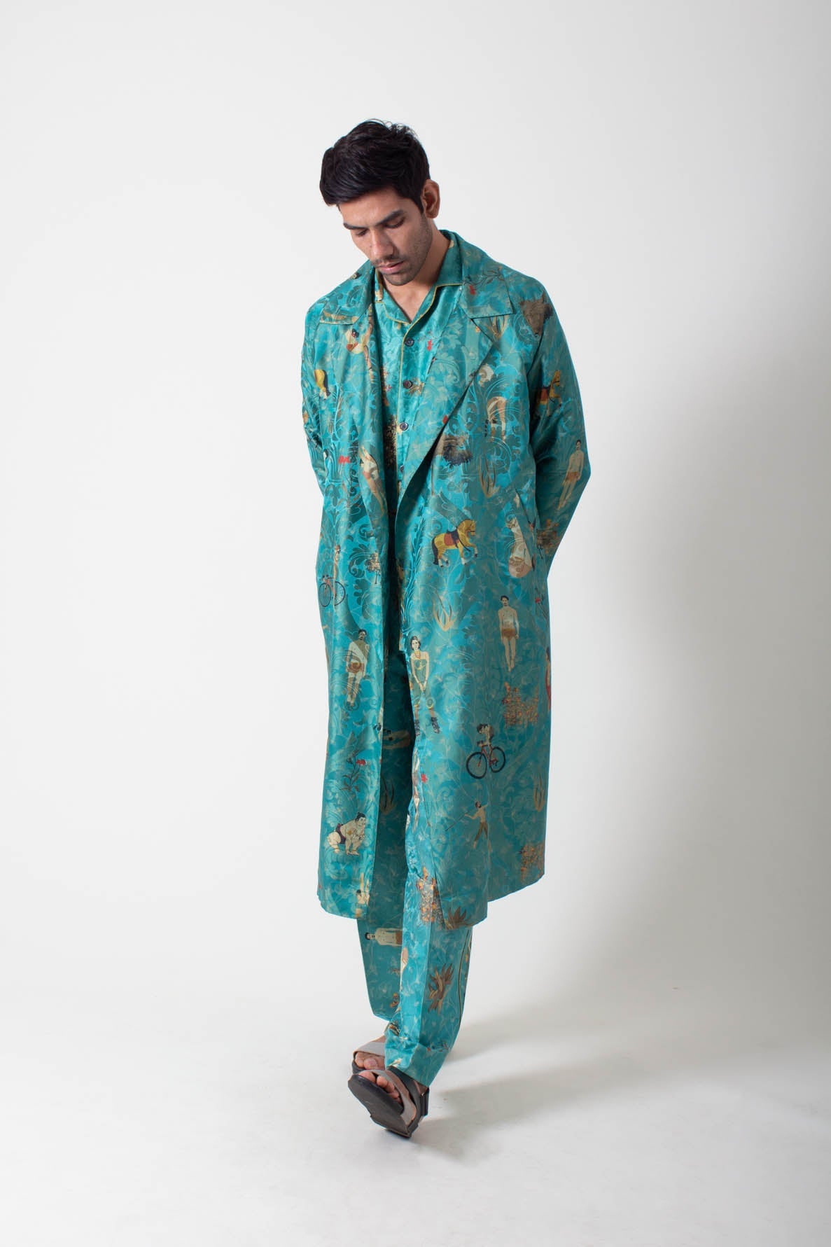 Long Coat Silk Damask Turquoise