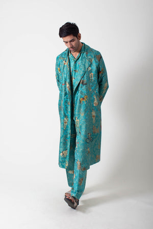 Long Coat Silk Damask Turquoise