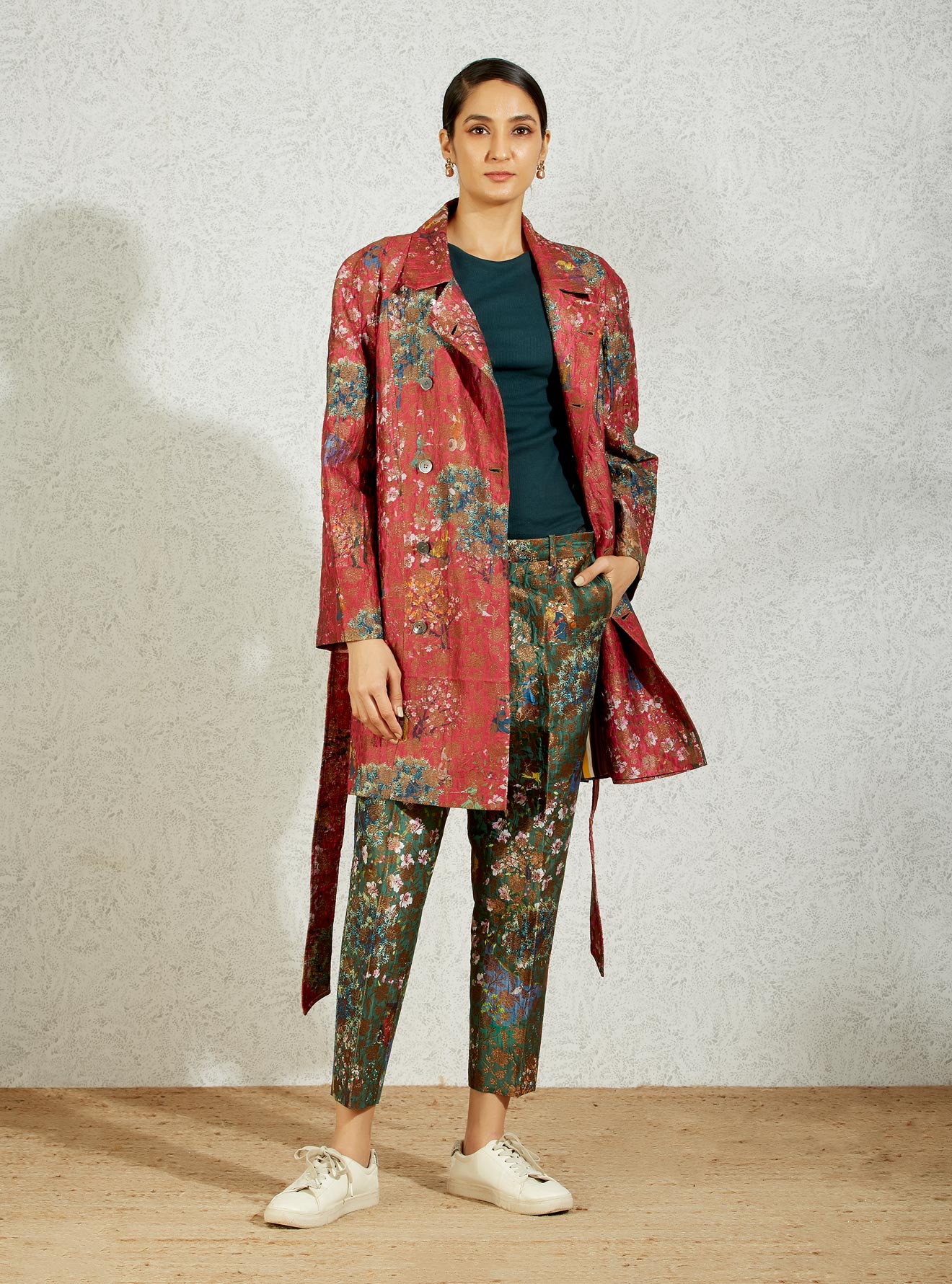 Royal Within Trench Coat Fuchsia Silk Brocade