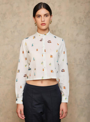 Royal WIthin Cropped Shirt Ice Blue Cotton Mulmul