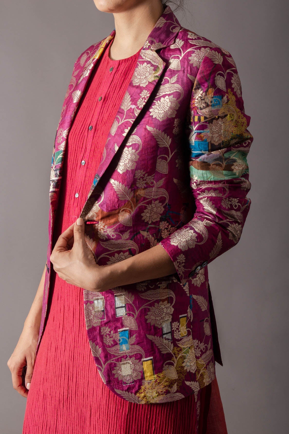 Rana Blazer Silk Brocade Fuchsia