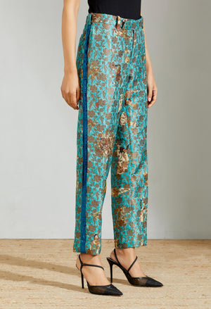 Classic Trouser Silk Brocade Turquoise