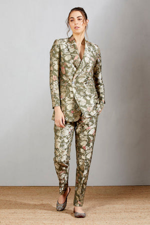 Grey Forest Blossom Boot Cut Trouser Brocade