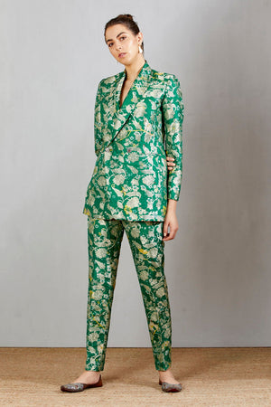 Boot Cut Trouser Silk Brocade Green