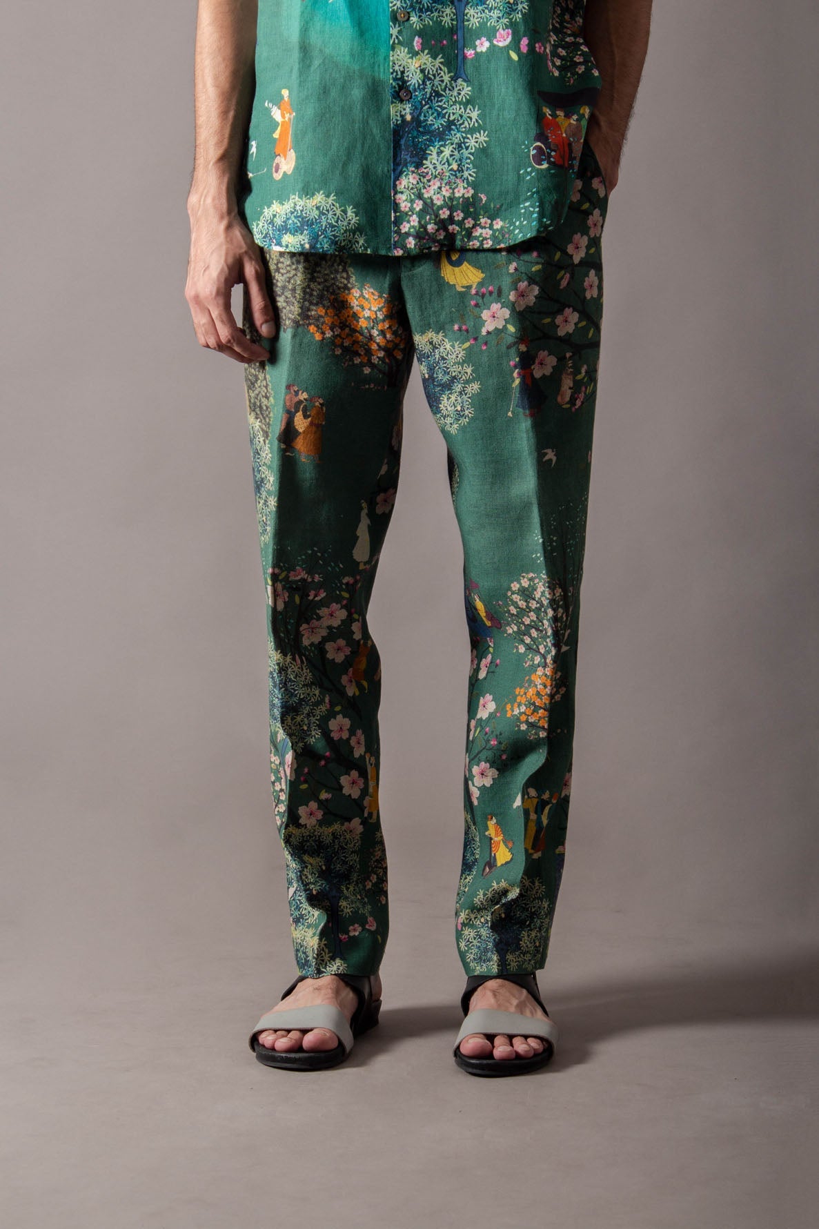 Green Cherry Blossom Classic Trouser In Linen