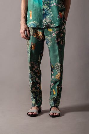 Green Cherry Blossom Classic Trouser In Linen