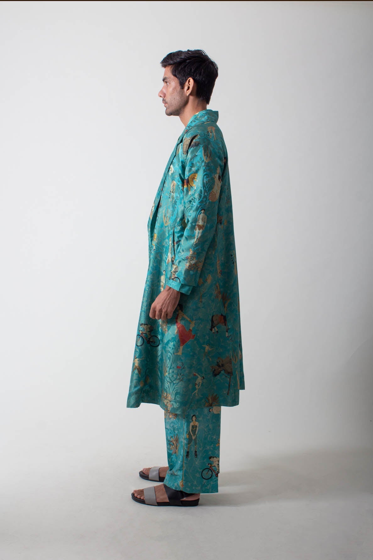 Long Coat Silk Damask Turquoise